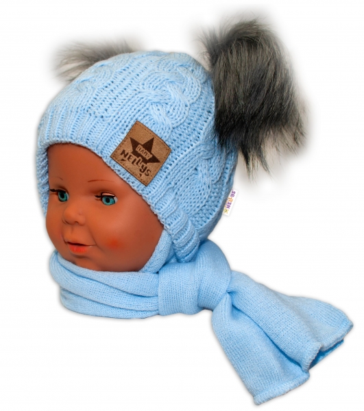 BABY NELLYS Zimná čiapočka s šálom – chlupáčkové bambuľky – modrá