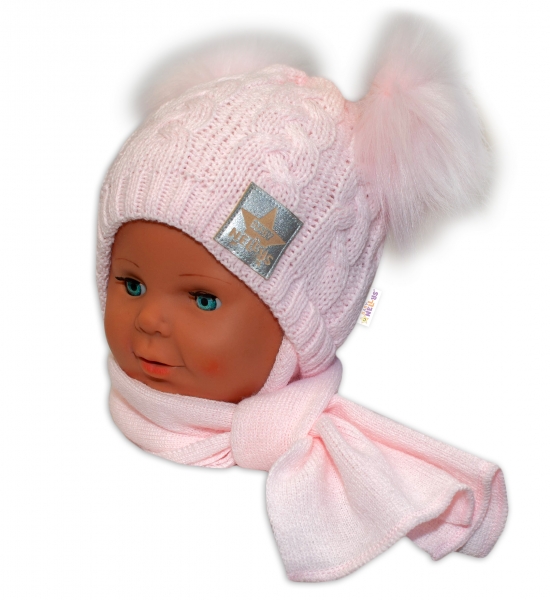 BABY NELLYS Zimná čiapočka s šálom – chlupáčkové bambuľky – růžová