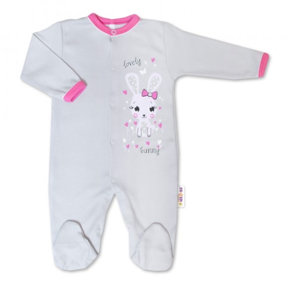 Baby Nellys Bavlnený dojčenský overal Lovely Bunny – sivý / ružový