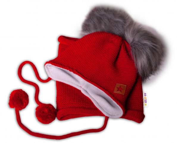 BABY NELLYS Zimná čiapka s fleecom a chlupáčka. bambuľky Star + komínok – červená