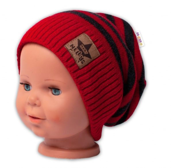 BABY NELLYS Jesenná/zimní prúžkovaná čiapka – červená/grafit