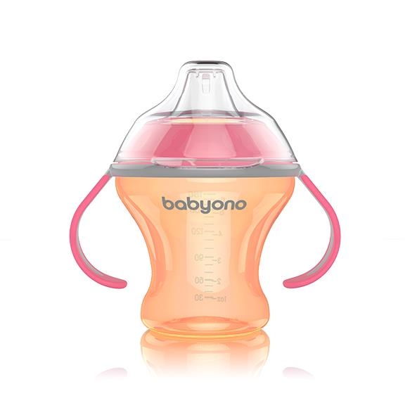BabyOno Nekvapkajúci hrnček s tvrdým náustkom Baby Ono – oranžovo/ružová