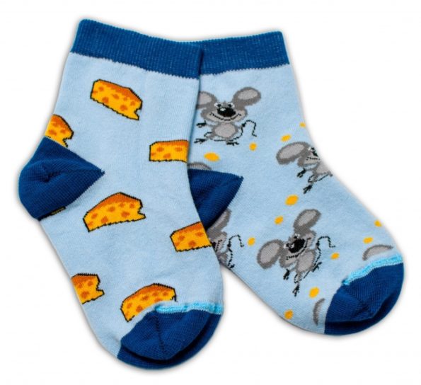 Baby Nellys Bavlnené veselé ponožky Myška a syr – svetlo modré