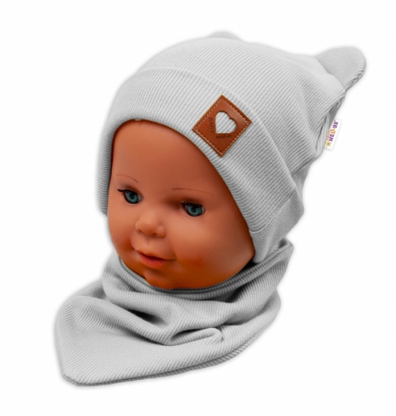 Baby Nellys Rebrovaná dvojvrstvová čiapka s uškami + šatka TEDDY – sivá