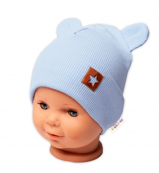 Baby Nellys Rebrovaná dvojvrstvová čiapka s uškami TEDDY – sv. modrá