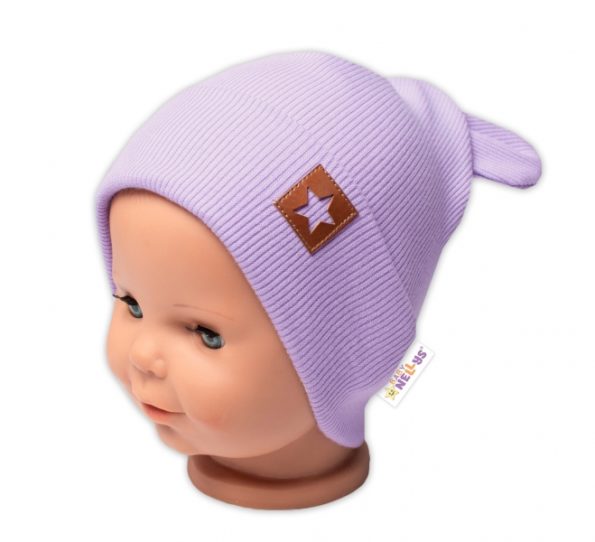Baby Nellys Rebrovaná dvojvrstvová čiapka s uškami TEDDY – lila