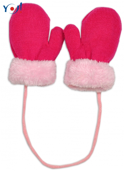 YO! Zimné detské rukavice s kožušinou – šnúrkou YO – malinová/ružová kožušina