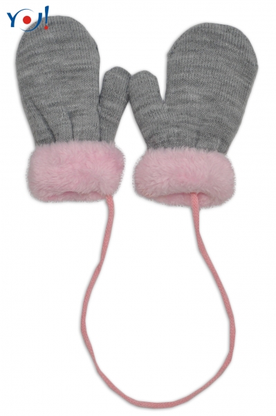 YO! Zimné detské rukavice s kožušinou – šnúrkou YO – sivá/ružová kožušina