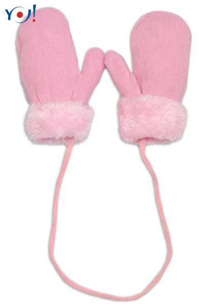 YO! Zimné dojčenské rukavičky s kožúškom -so šnúrkou YO-sv. ružové/ružový kožúšok