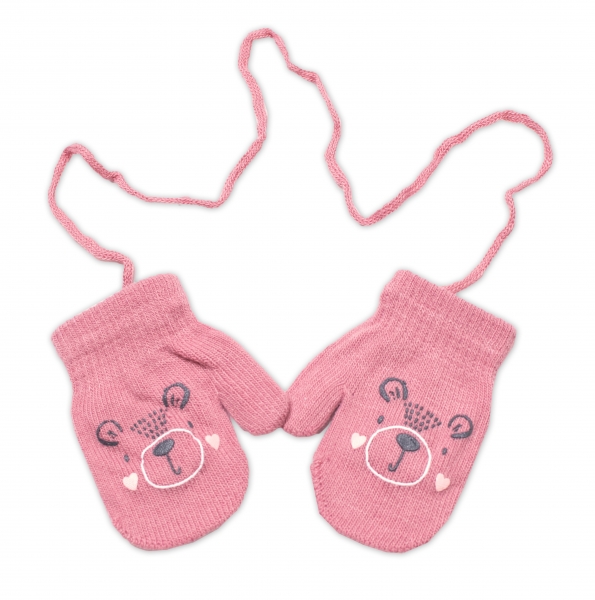 YO! Zimné dievčenské rukavičky so šnúrkou Medvídek – ružové
