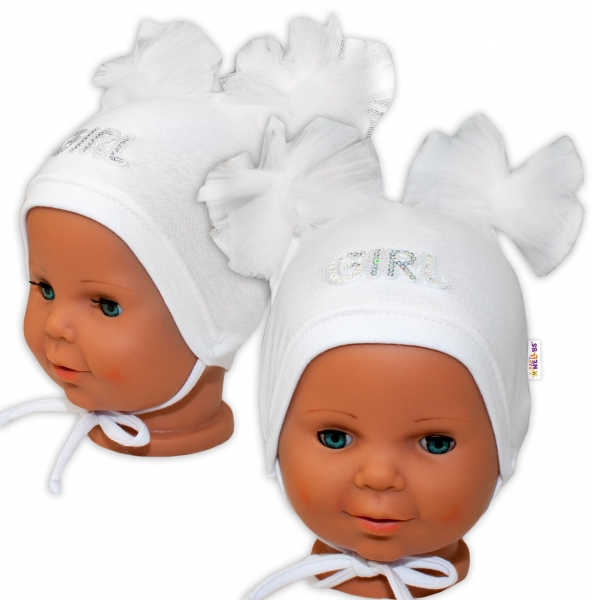 Bavlnená čiapočka na zaväzovanie Baby Nellys s mašličkami Tutu – biela