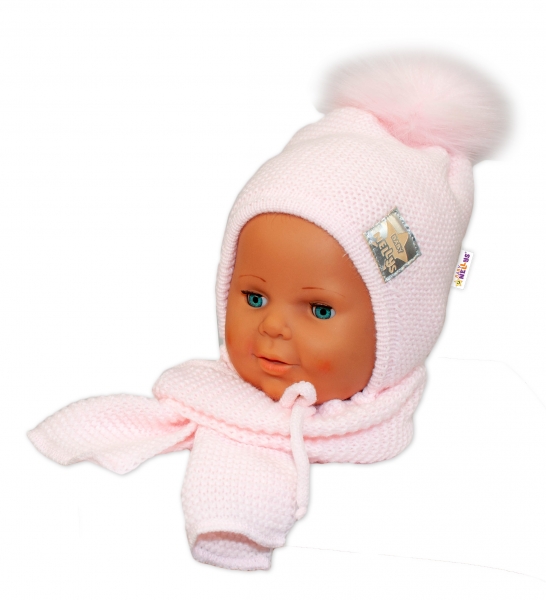BABY NELLYS Zimná čiapočka s šálom – chlupáčková Bambulka – sv. ružová/sv. ružová