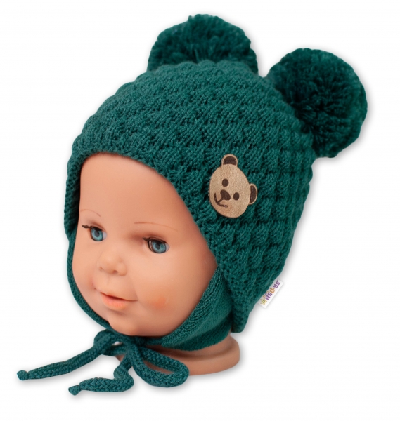 BABY NELLYS Zimná pletená čiapka Teddy Bear na zaväzovanie