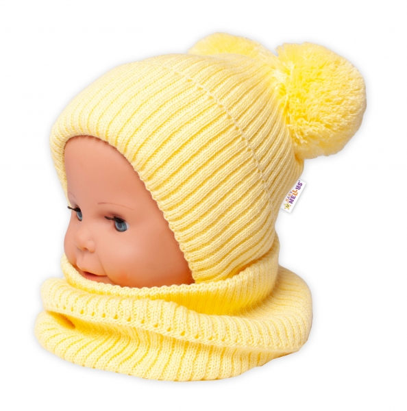 BABY NELLYS Zimná pletená čiapka + nákrčník – žltá s brmbolcami