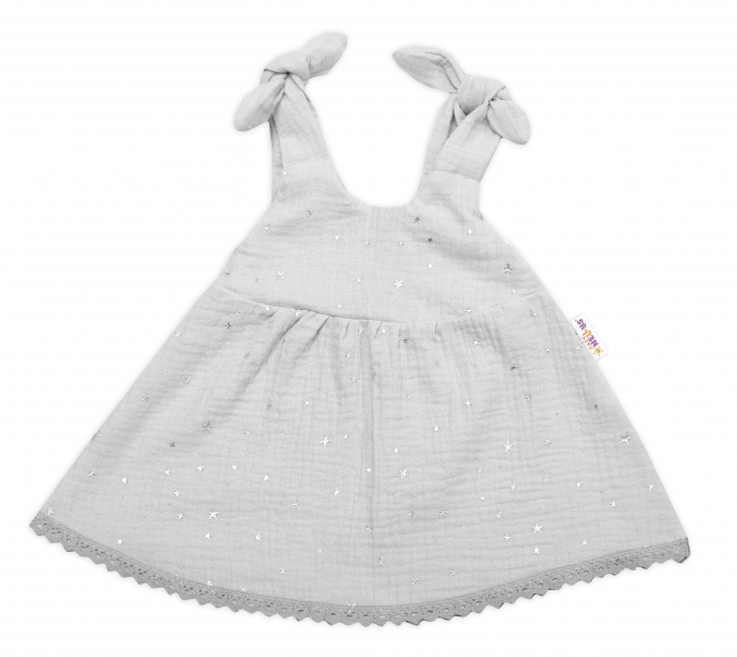 Baby Nellys Letné ľahučké mušelínové šaty Summer Stars – sivé