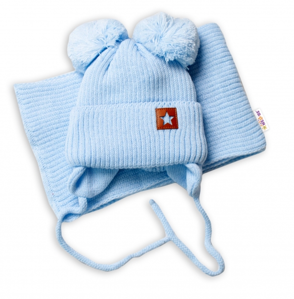 BABY NELLYS Zimná čiapka s šálom STAR – modrá s brmbolcami