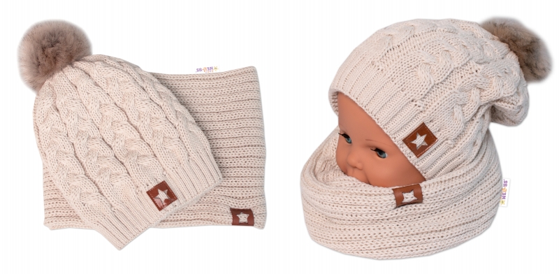 BABY NELLYS Zimná dvojvrstvová čiapka s brmbolcom + komínček Star